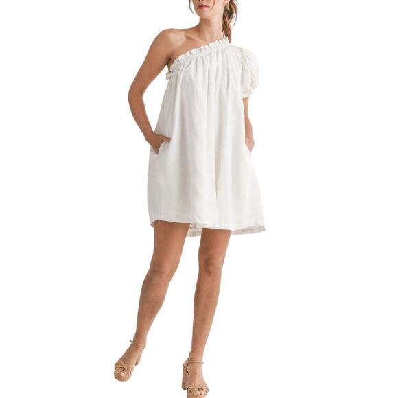 MABLE One Shoulder Puff Sleeve Pastel Blue Romantic Core Linen Blend Dress Sz S - Picture 6 of 12